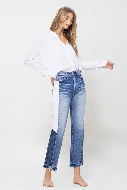 Super High Rise Straight Jeans w/Side Blocking Panel