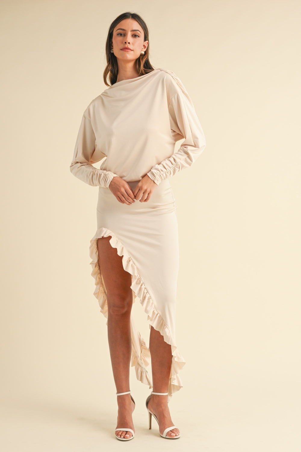 MABLE Backless Asymmetric Ruffle Hem Dress