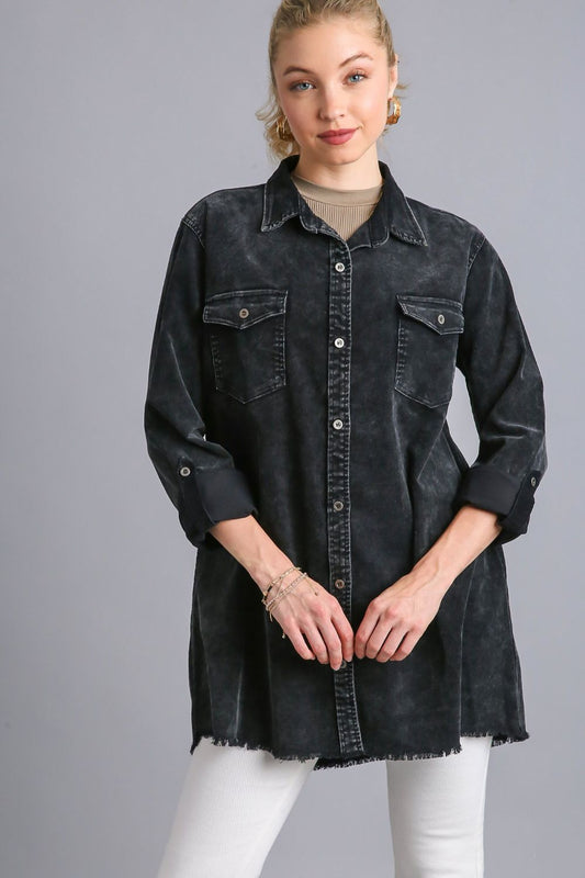 Umgee - Raw Hem Button Down Denim Jacket with Chest Pockets