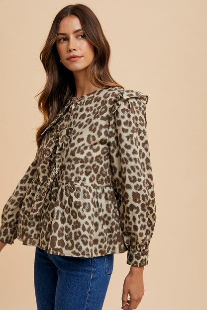 Annie Wear - Tied Leopard Round Neck Peplum Blouse