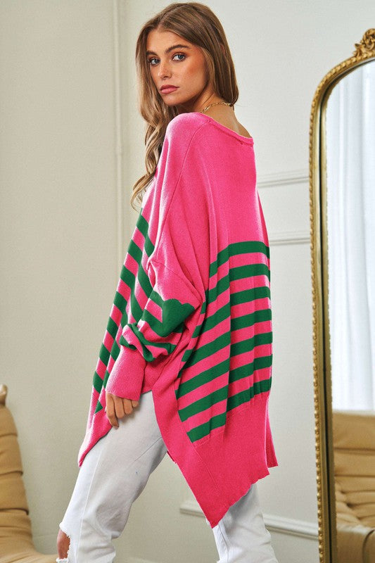 Davi & Dani Loose Fit Multi Striped Elbow Patch Sweater