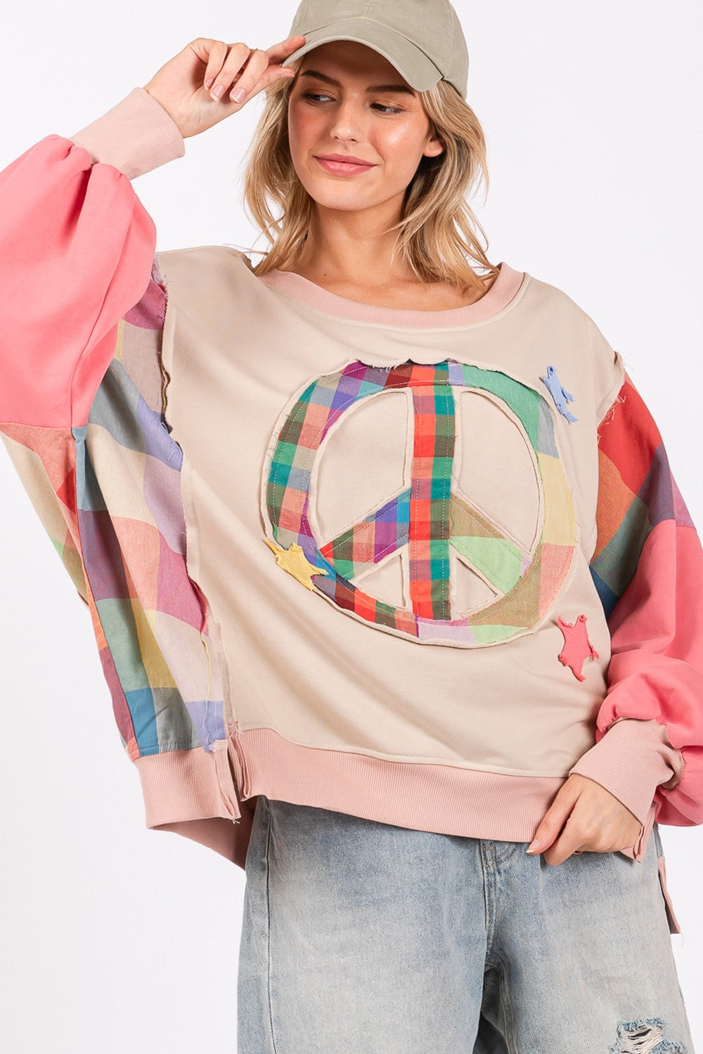 SAGE + FIG - Full Size Contrast Peace Patch Dropped Shoulder Sweatshirt