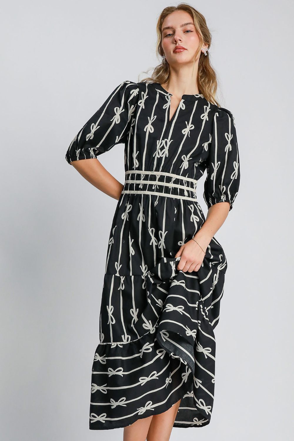 Umgee - Bow Tie Print Notched Contrast Velvet Trim Midi Dress