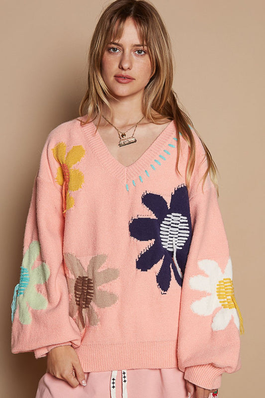 POL - V-Neck Long Sleeve Flower Fringe Sweater