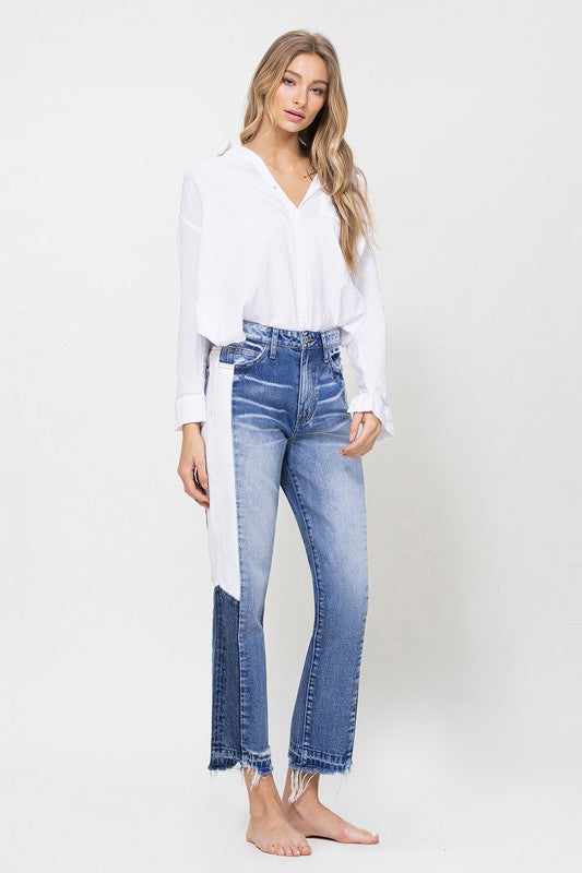 Super High Rise Straight Jeans w/Side Blocking Panel