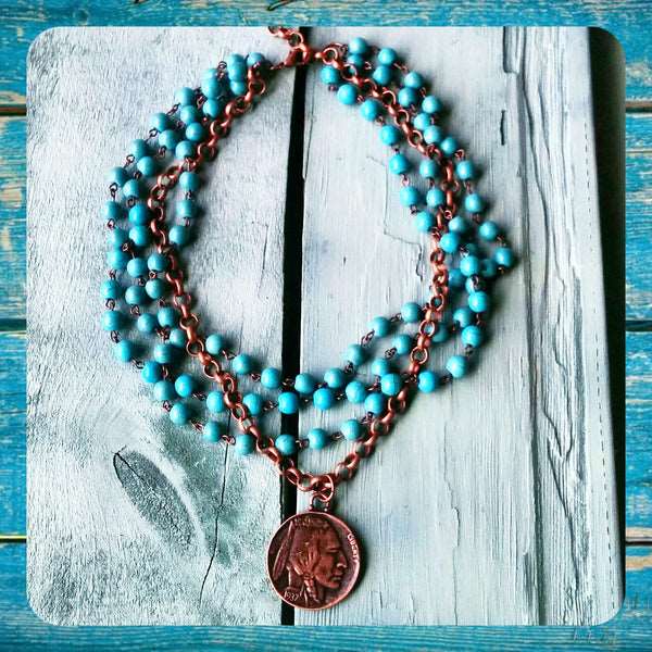 Blue Turquoise Collar Necklace with Indian Head Coin